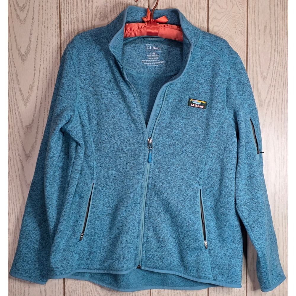 LL Bean Sweater Fleece Full Zip Jacket Teal Blue Marl L Pet 504891 Womens